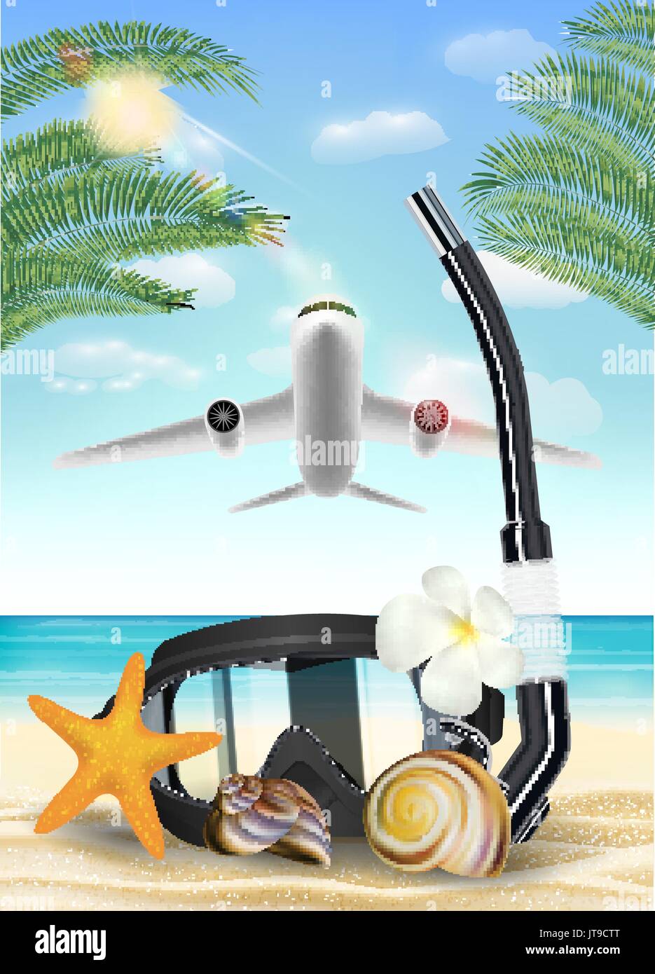 airplane flying to beach for diving travel Stock Vector