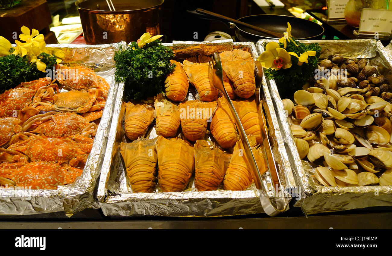Seafood on the tray at buffet restaurant in Saigon (Ho Chi Minh city