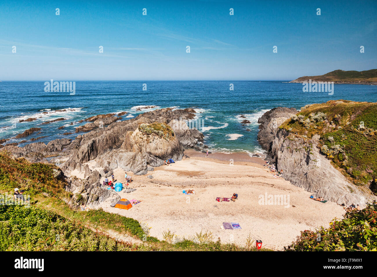 17 June 2017: Barricane Beach, Woolacombe, North Devon, England, Uk - The beach on one of the hottest days of the year, as seen from the South West Co Stock Photo