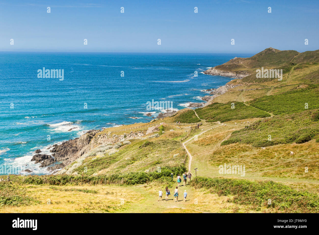 17 June 2017: Woolacombe, Devon, England, UK - A group of people on the South West Coast Path heading towards Morte Point, on one of the hottest days  Stock Photo