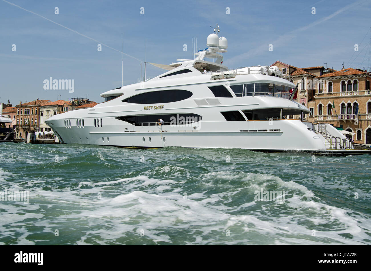 VENICE, ITALY - JUNE 10, 2017:  The luxury yacht Reef Chief moored on the Riva dia Schiavoni on a sunny Summer afternoon in Venice, Italy. Stock Photo