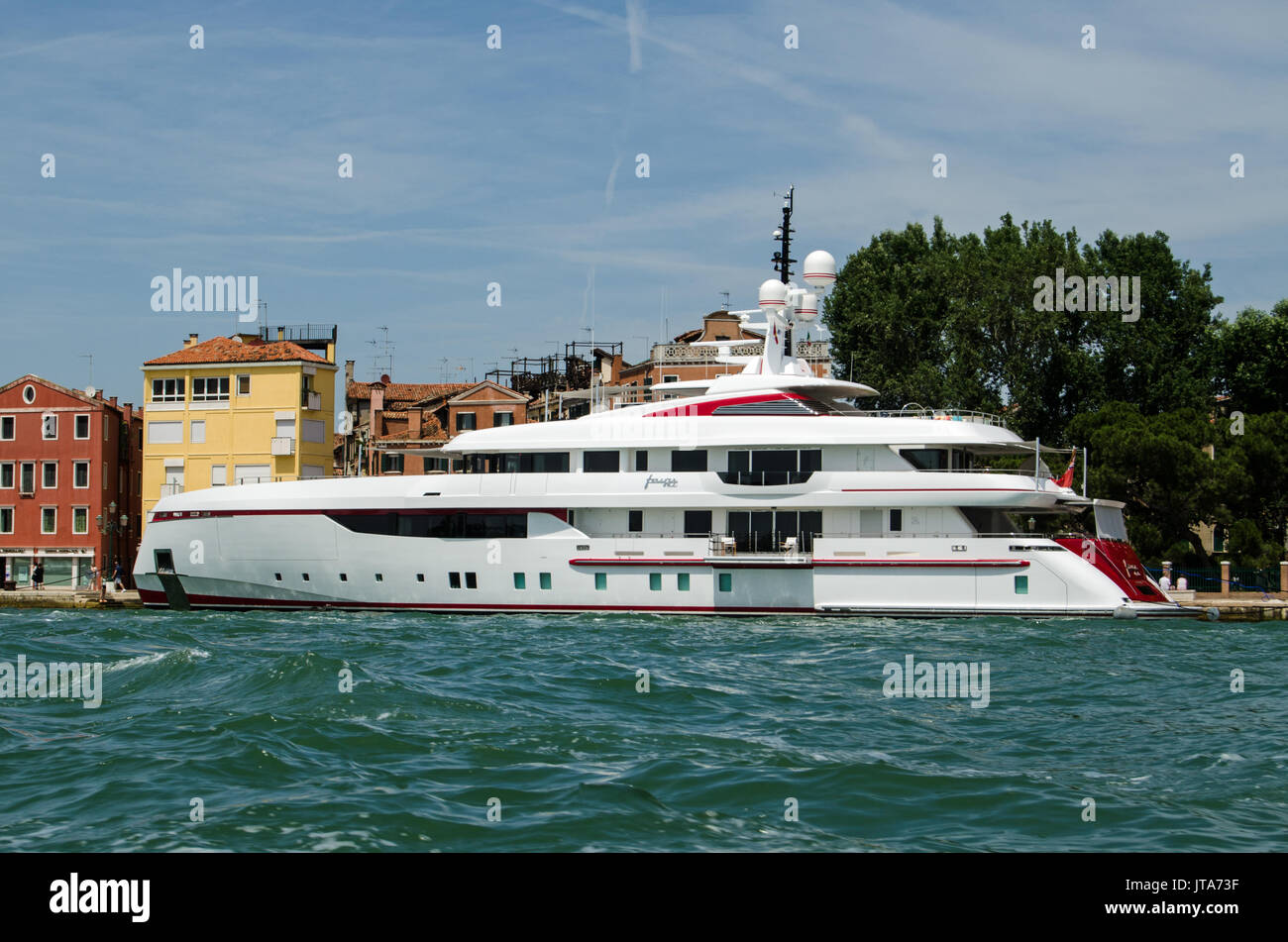 VENICE, ITALY - JUNE 10, 2017:  The luxury super yacht Forever One moored in the Arsenale district of Venice on a sunny summer afternoon. Stock Photo