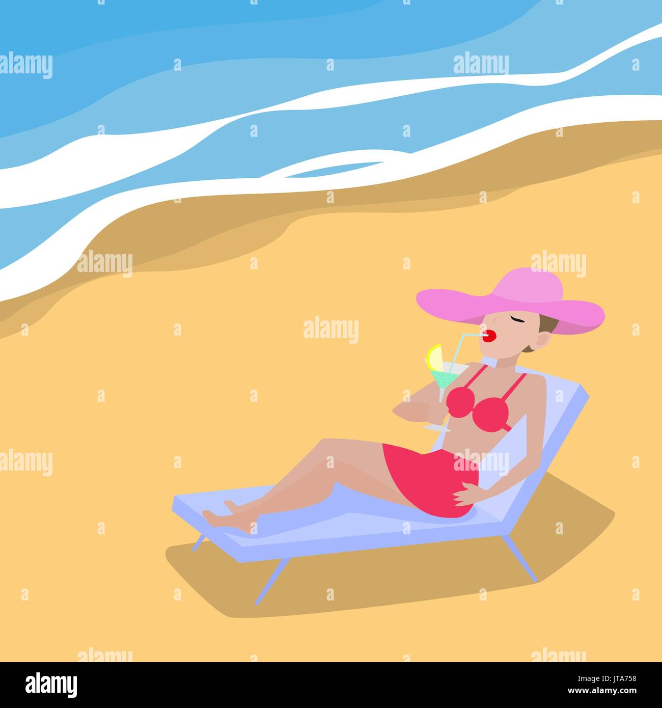 Vector cartoon woman lies on deckchair sandy beach Stock Vector