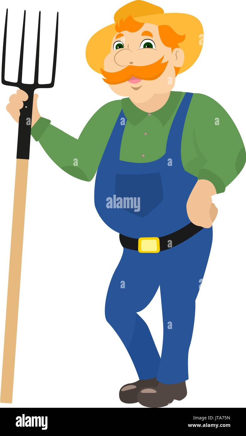 Vector cartoon farmer standing with pitchforks Stock Vector