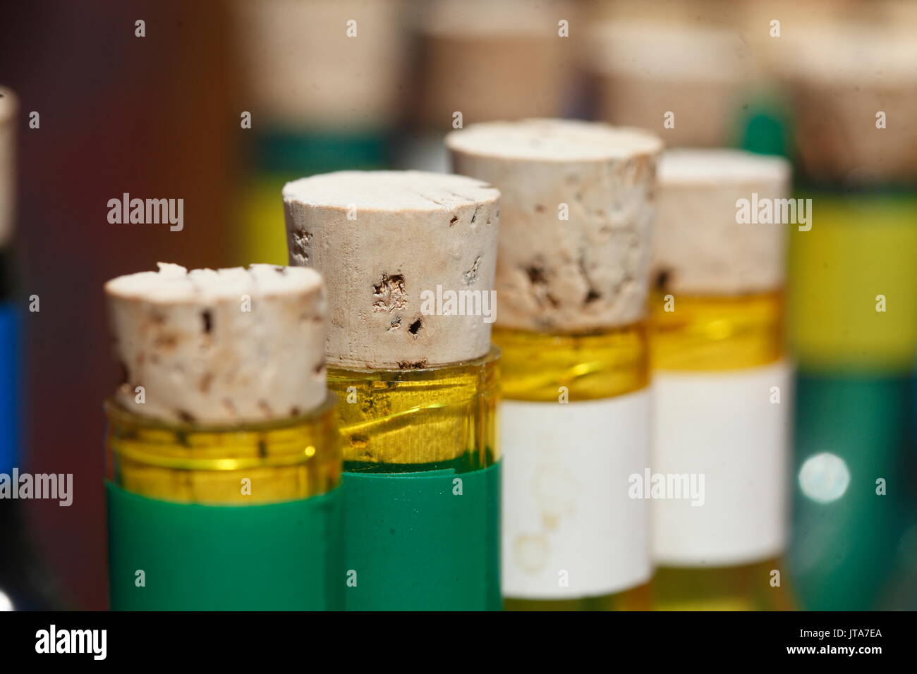 bottle corks on bottles in a souvenier shop Stock Photo