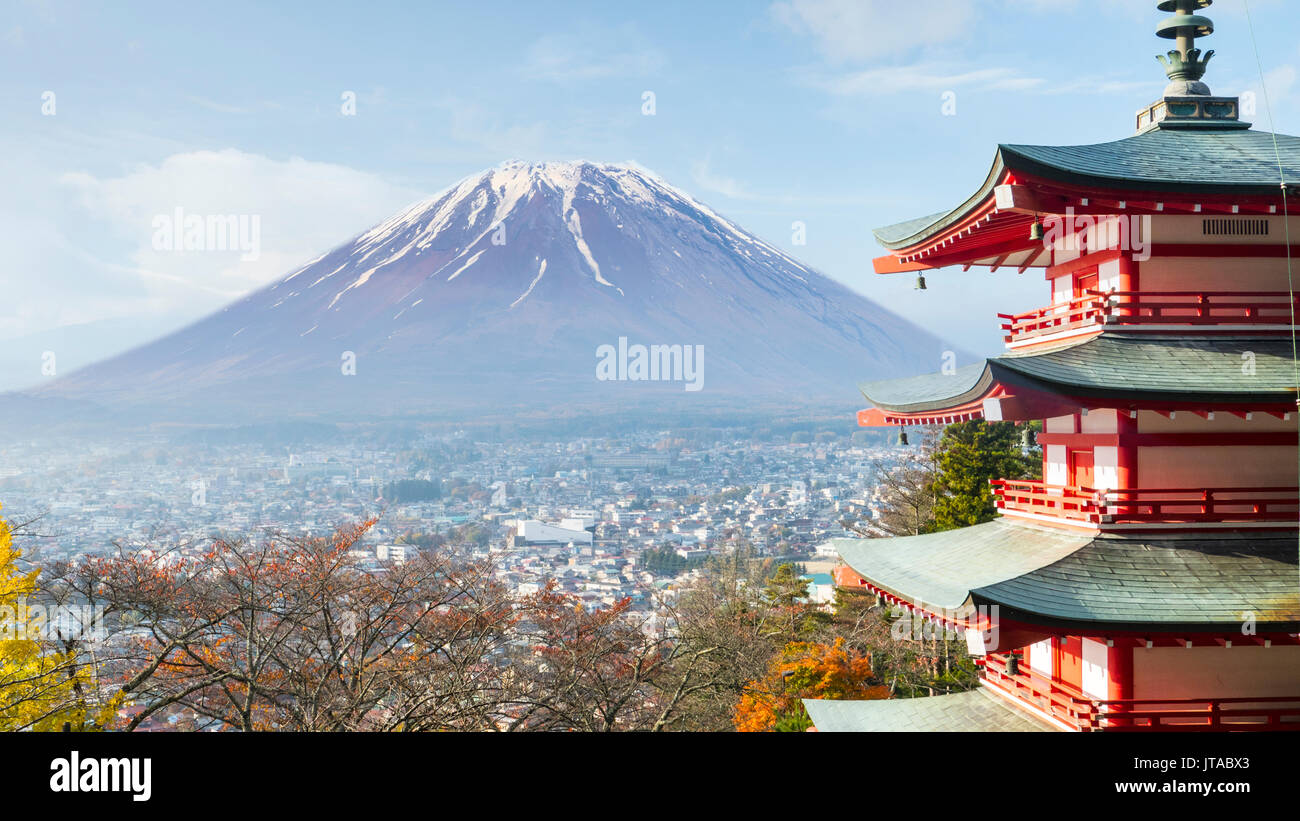 The Mountain Fuji in autumn with red maple leaves, Japan Stock Photo ...
