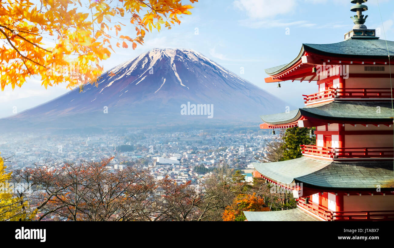 The Mountain Fuji in autumn with red maple leaves, Japan Stock Photo ...