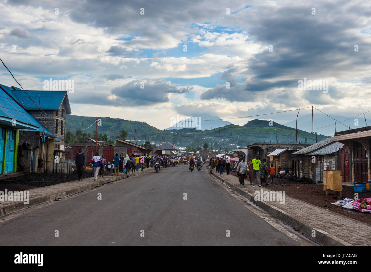 Mount Nyiragongo looming behind the town of Goma, Democratic Republic of the Congo, Africa Stock Photo