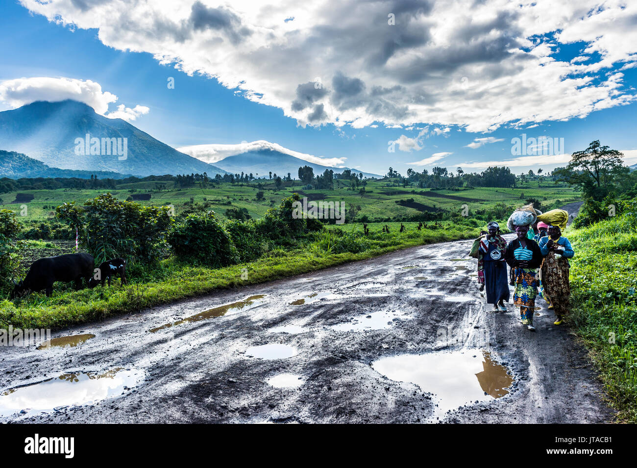 Local women carrying goods on their heads with the volcanic mountain chain of the Virunga National Park behind, Congo Stock Photo