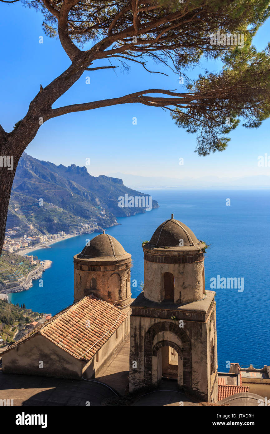 Iconic Amalfi Coast, church and umbrella pine from Villa Rufolo Gardens, Ravello, UNESCO, Campania, Italy, Europe Stock Photo