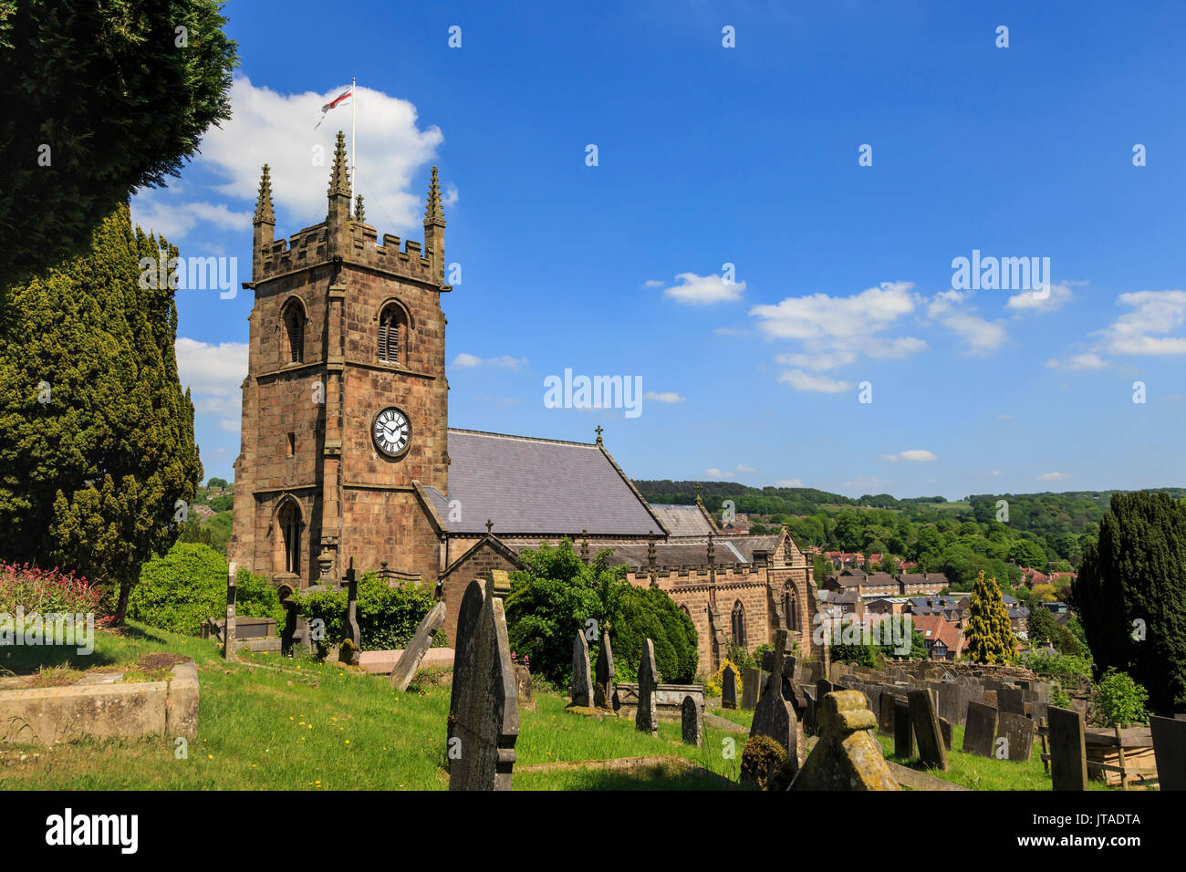 St. Giles Church and rolling hills surrounding Matlock in spring, Derbyshire Dales, Derbyshire, England, United Kingdom, Europe Stock Photo