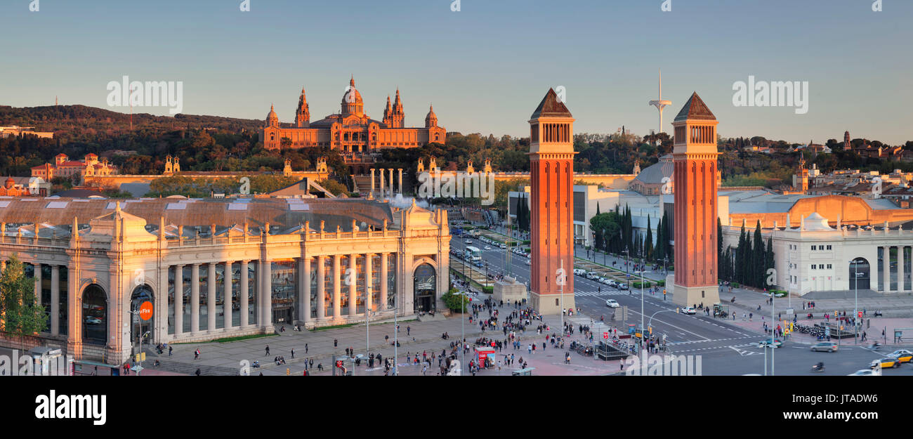 View over Placa d'Espanya (Placa de Espana) to Palau Nacional (Museu Nacional d'Art de Catalunya), Barcelona, Catalonia, Spain Stock Photo