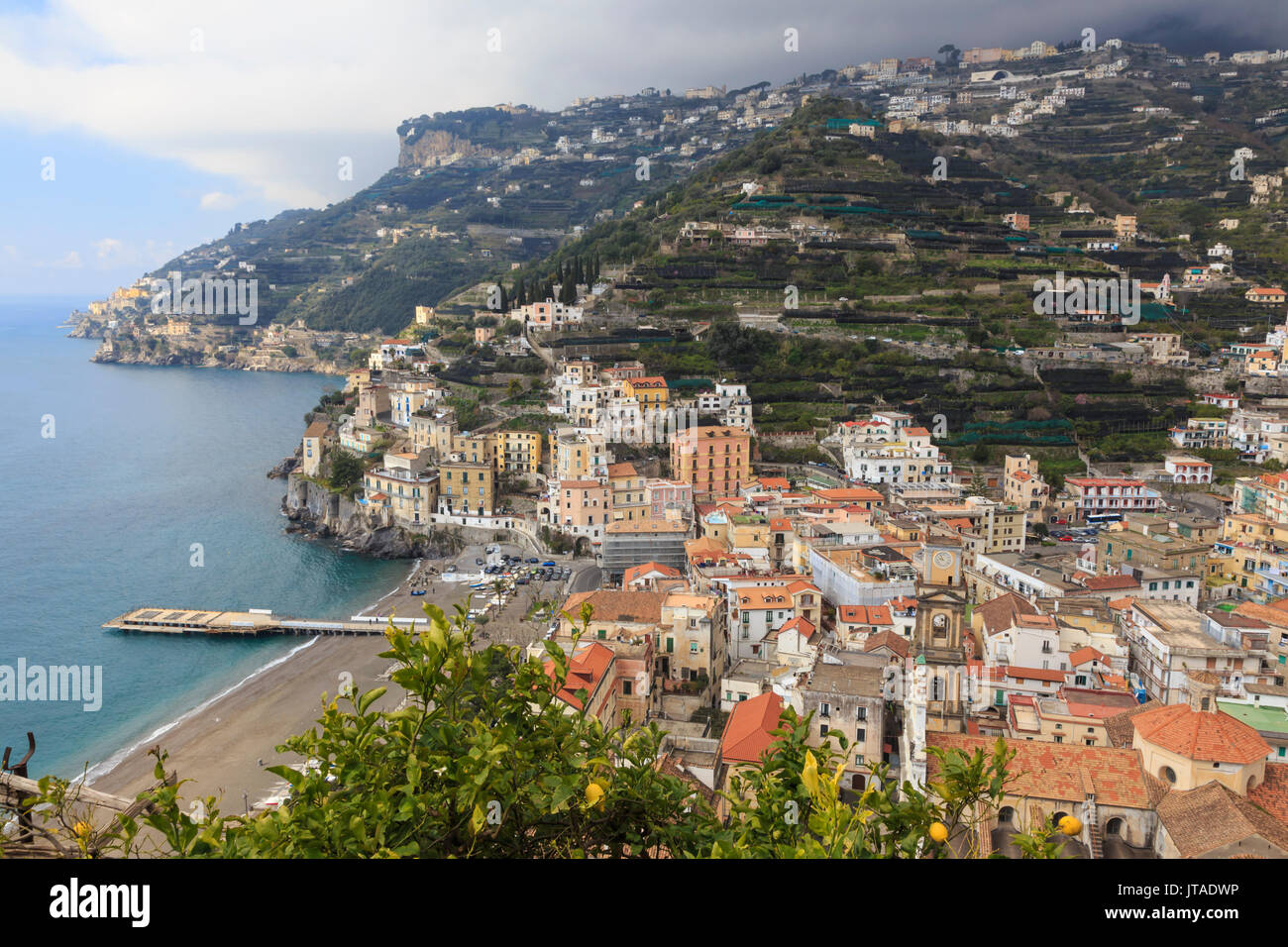 Minori, beach, cathedral, lemons and terraces, elevated view, Amalfi Coast, UNESCO World Heritage Site, Campania, Italy, Europe Stock Photo