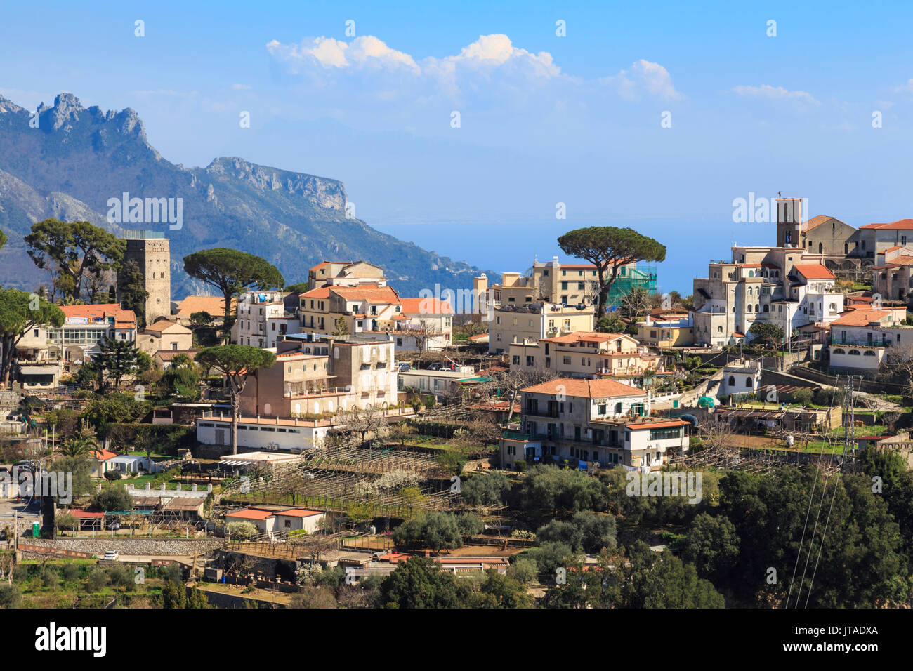 Ravello, backed by mountains and sea, elevated view from Scala, Amalfi Coast, UNESCO, Campania, Italy, Europe Stock Photo