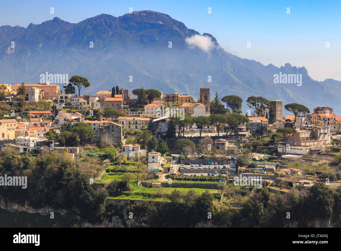 Ravello, Duomo, Villa Rufolo, terraces and mountains, from Scala, Amalfi Coast, UNESCO, Campania, Italy, Europe Stock Photo