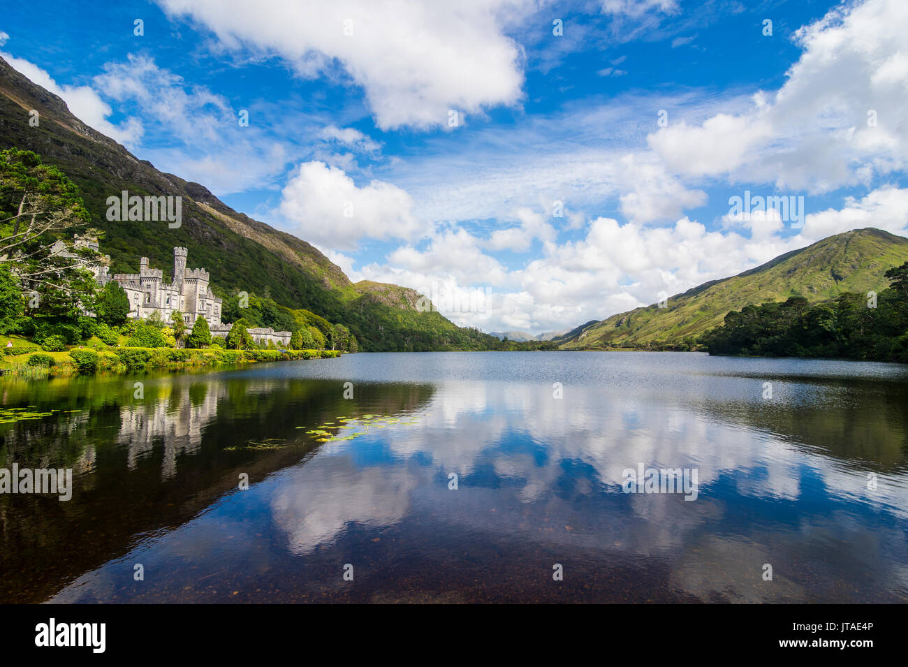 Kylemore Abbey on the Pollacapall Lough, Connemara National Park, County Galway, Connacht, Republic of Ireland, Europe Stock Photo