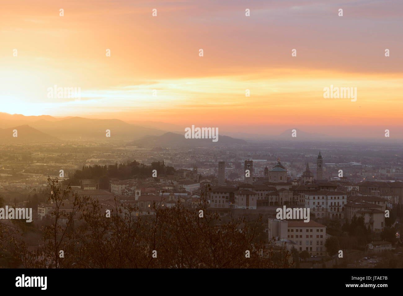 Dawn over Citta Alta (Upper City), Bergamo, Lombardy, Italy, Europe Stock Photo