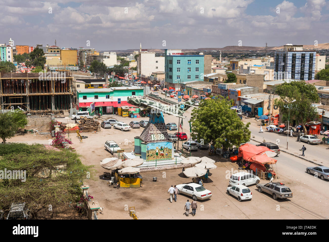 View over Hargeisa with an old MIG airplane in the center, Somaliland, Somalia, Africa Stock Photo
