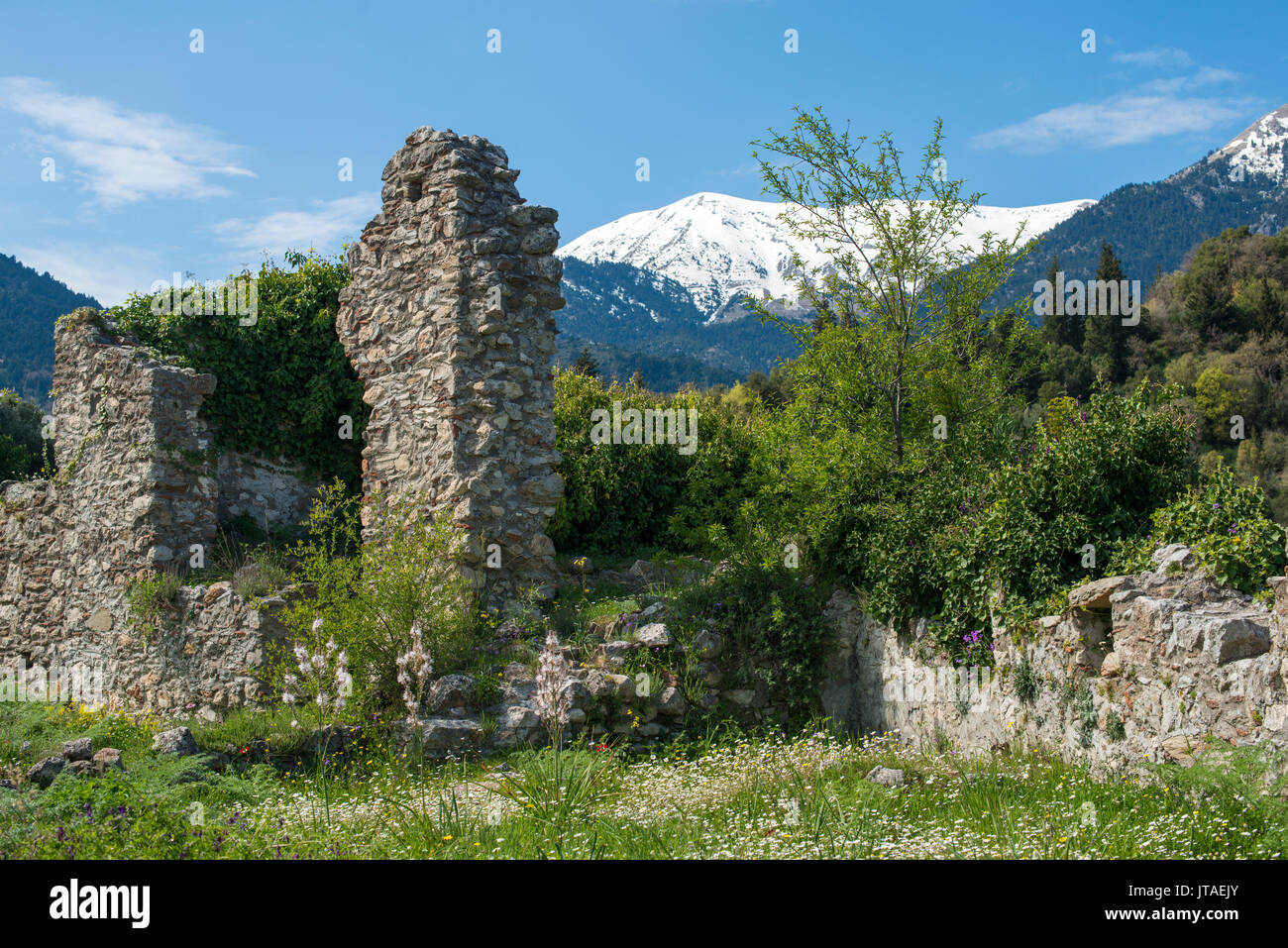 The ancient ruins of Mystras, UNESCO, and the snow covered Taygetos Mountains in the distance, Peloponnese, Greece, Europe Stock Photo