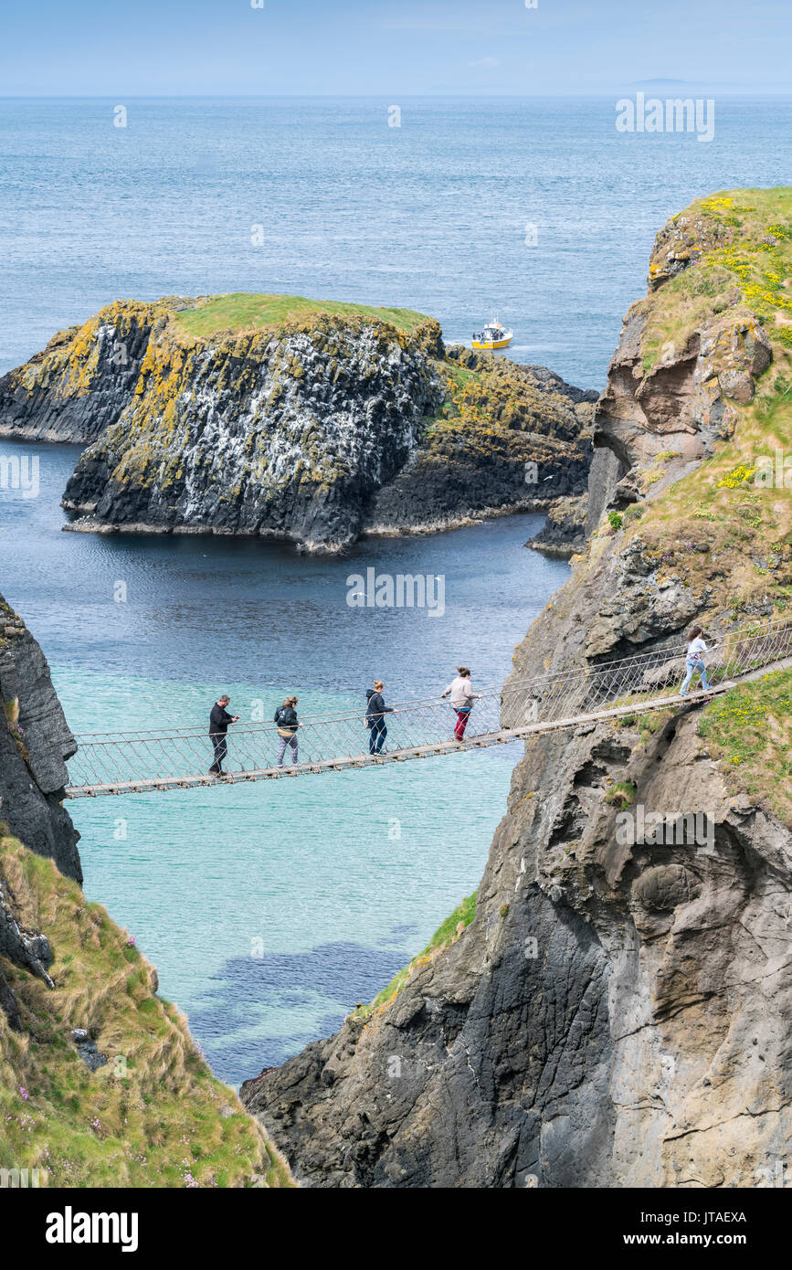 View of the Carrick a Rede Rope Bridge, Ballintoy, Ballycastle, County Antrim, Ulster, Northern Ireland, United Kingdom, Europe Stock Photo