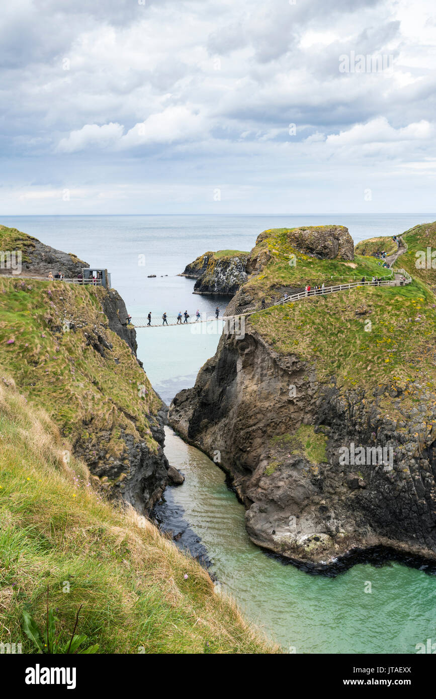 View of the Carrick a Rede Rope Bridge, Ballintoy, Ballycastle, County Antrim, Ulster, Northern Ireland, United Kingdom, Europe Stock Photo