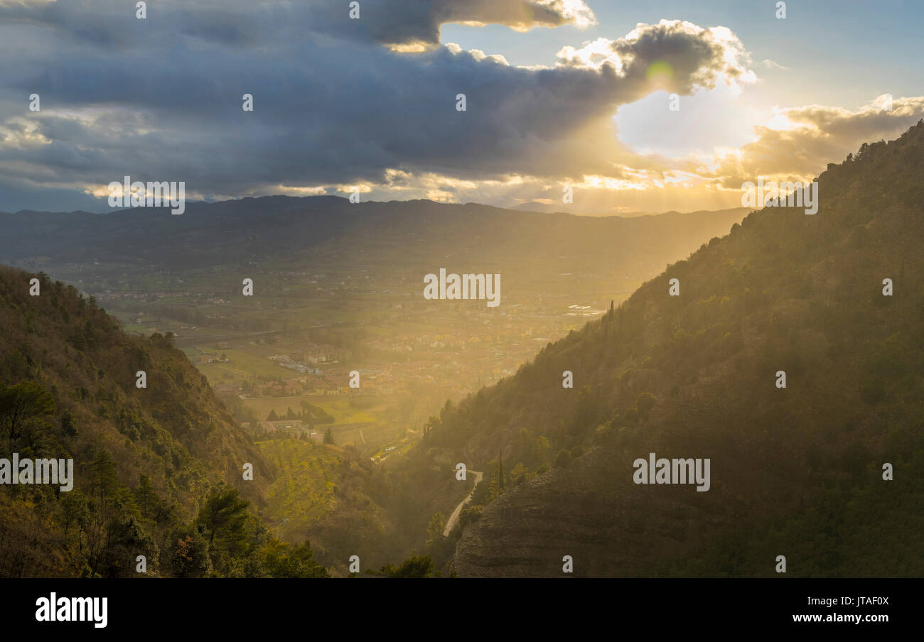 Sunset over the valley in winter, Gubbio, Umbria, Italy, Europe Stock Photo