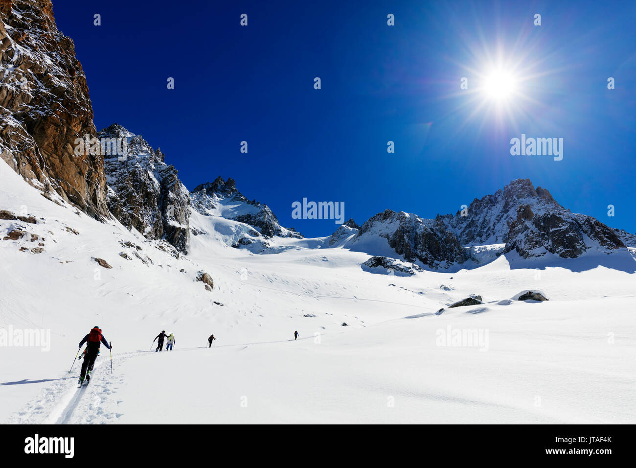 Ski touring on Glacier de Argentiere, Chamonix, Rhone Alpes, Haute Savoie, French Alps, France, Europe Stock Photo