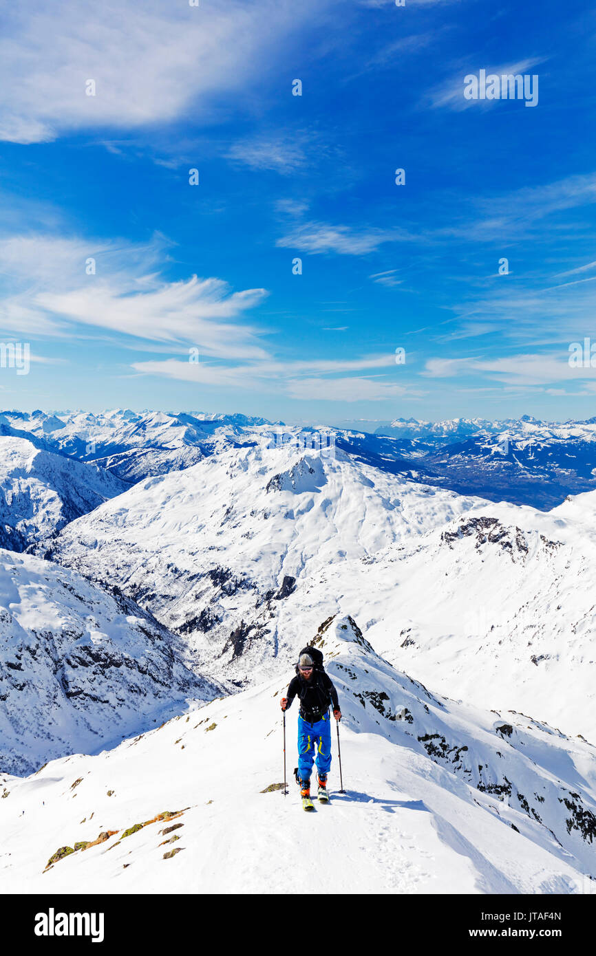 Ski touring on Mont Buet, Chamonix, Rhone Alpes, Haute Savoie, French Alps, France, Europe Stock Photo
