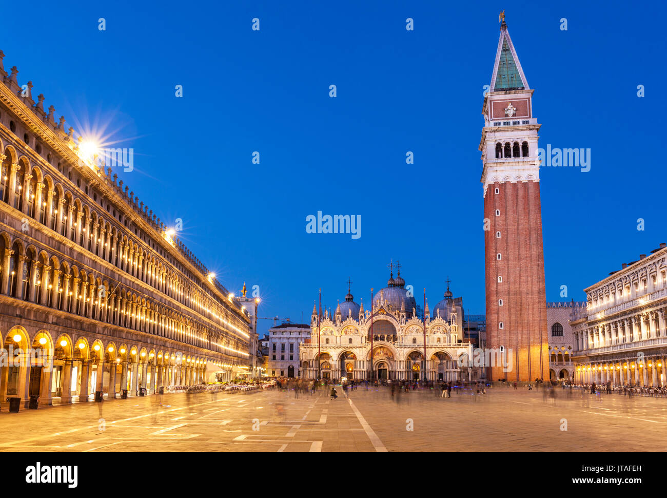 Campanile tower, Piazza San Marco (St. Marks Square) and Basilica di San Marco, at night, Venice, UNESCO, Veneto, Italy, Europe Stock Photo