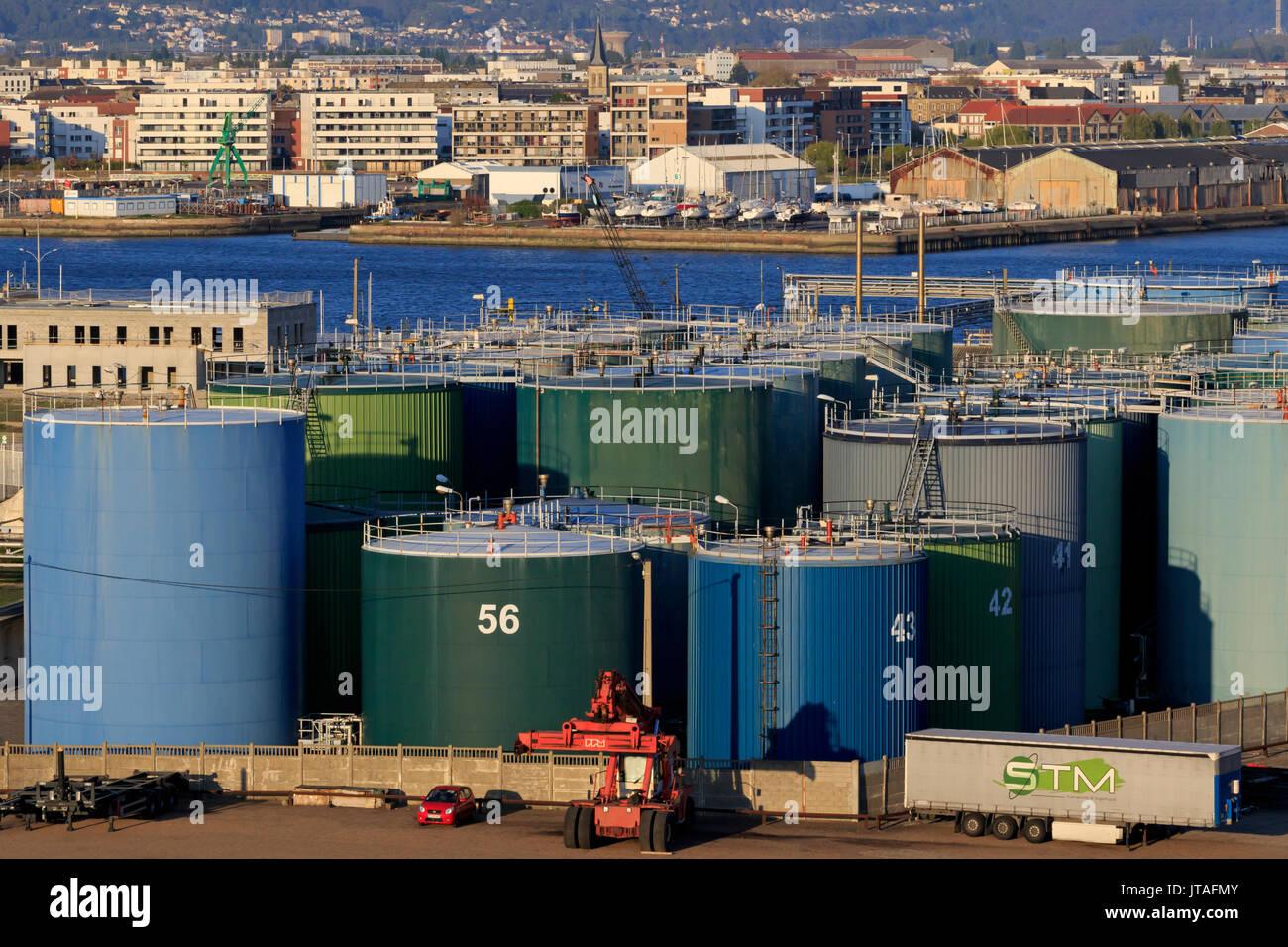 Storage tanks, Port of Le Havre, Normandy, France, Europe Stock Photo