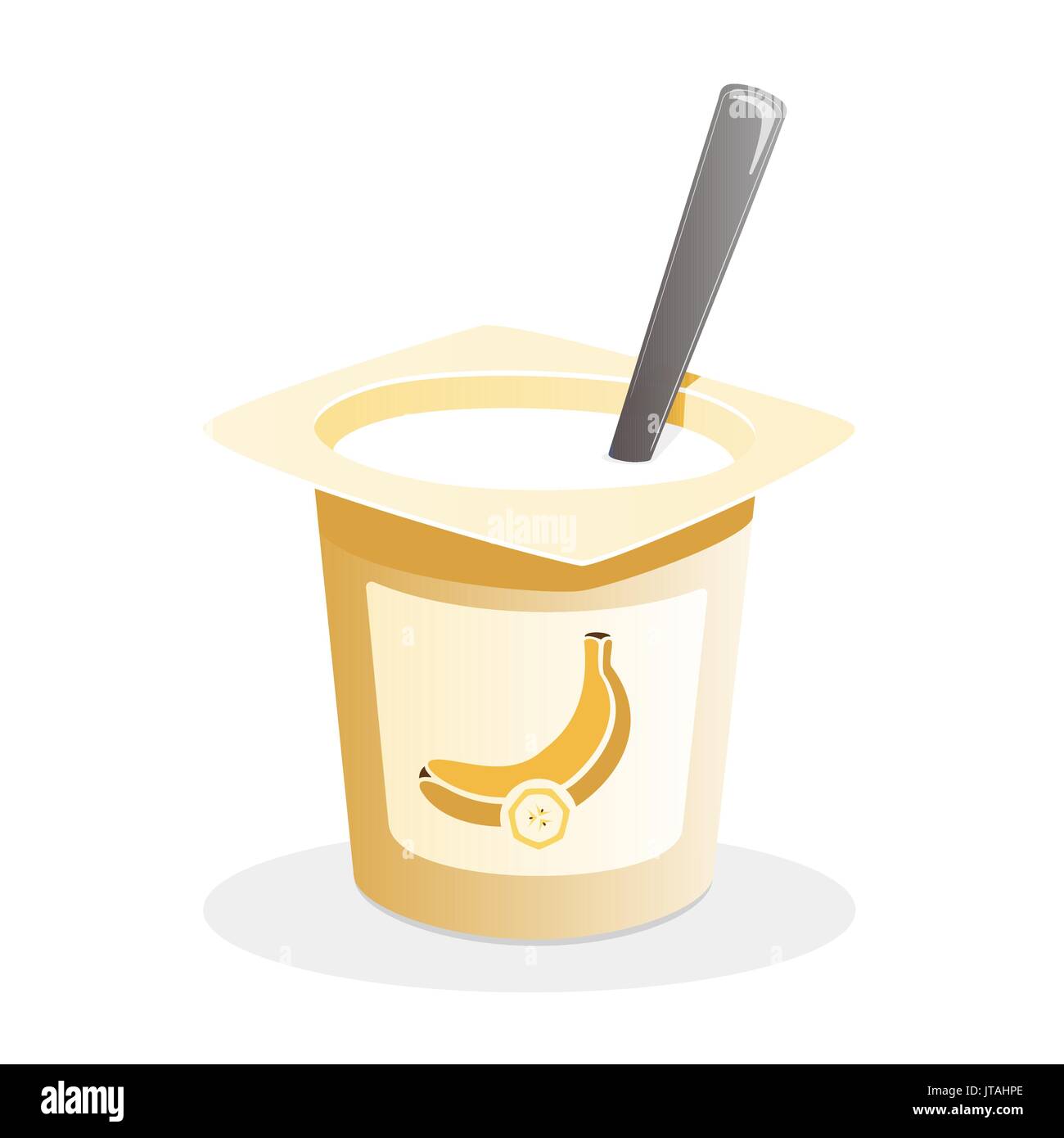 Banana yogurt with spoon inside on white background Stock Vector