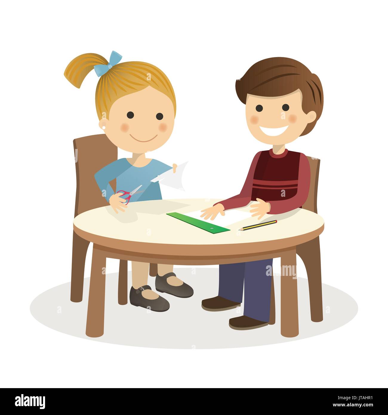 Children making crafts in a table on white background Stock Vector
