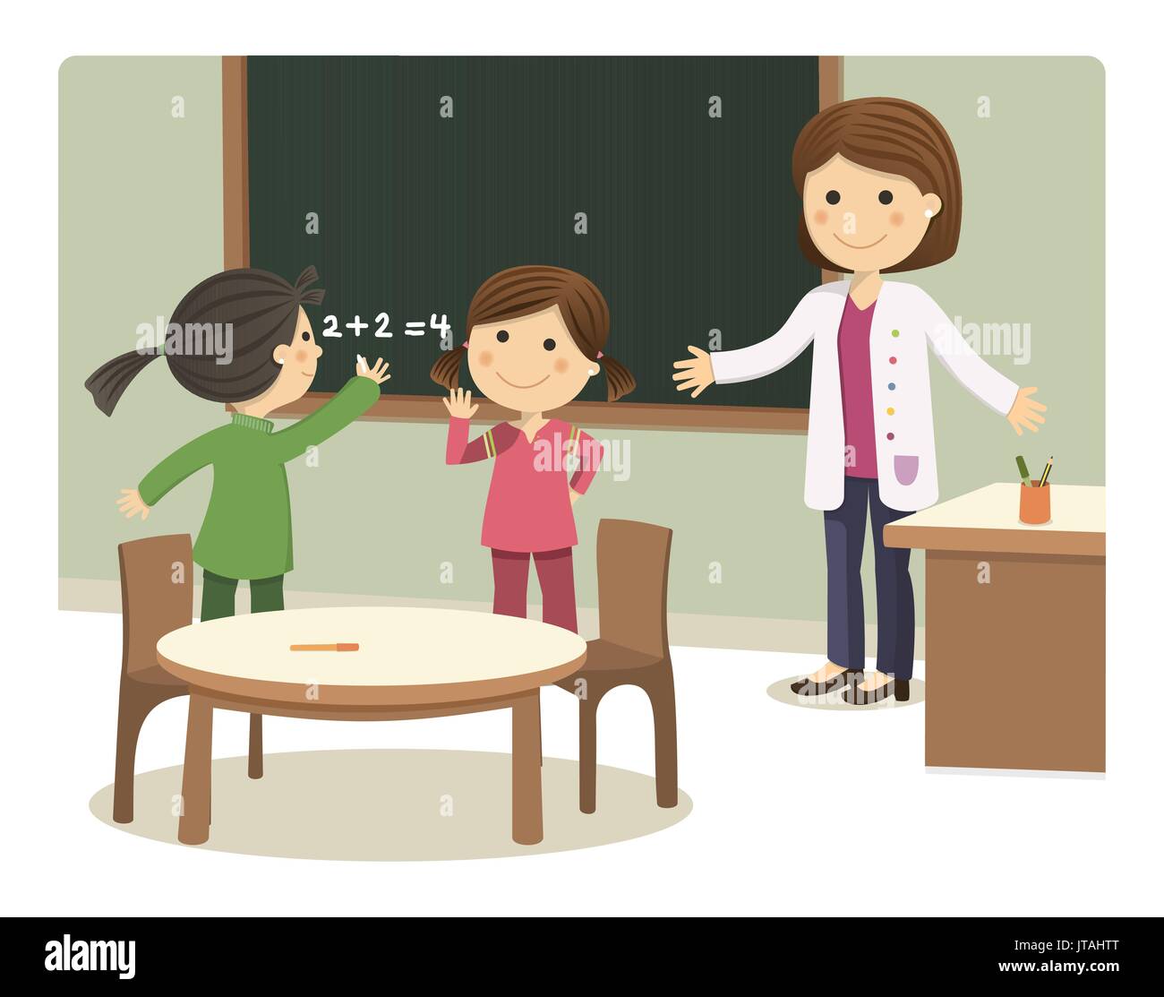 Girls writing on the Board of the College with their teacher Stock Vector