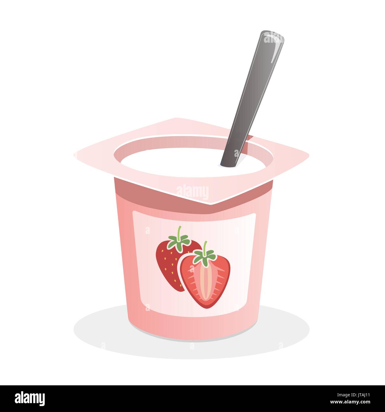 Strawberry yogurt with spoon inside on white background Stock Vector