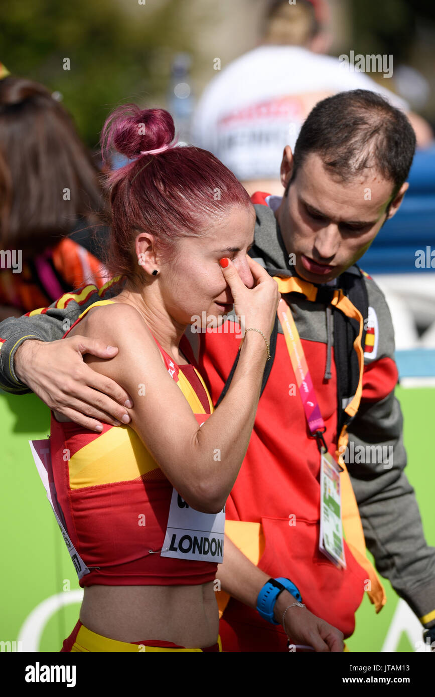 Paula Gonzalez of Spain overcome with emotion at the end of the IAAF World Championships 2017 Marathon race in London, UK Stock Photo