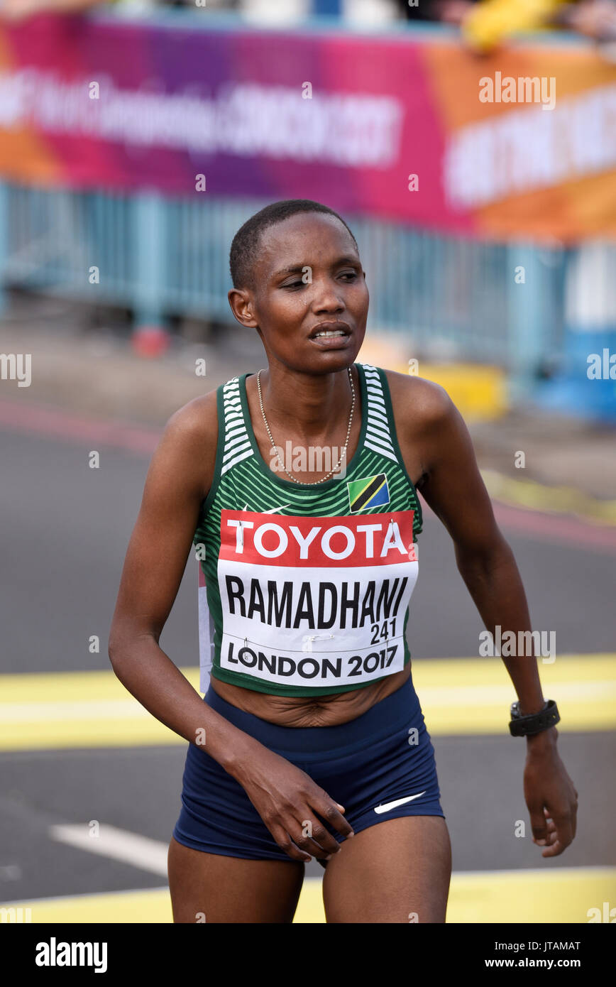 Sara Ramadhani of Tanzania crossing the finish line at the end of the IAAF World Championships 2017 Marathon race in London, UK Stock Photo