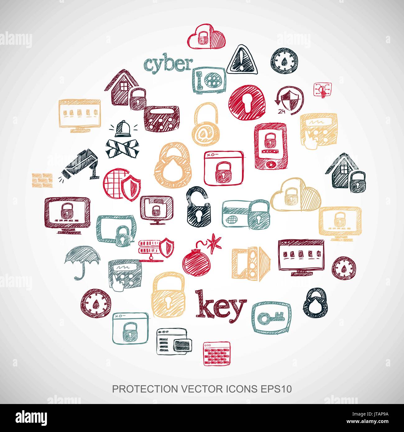 Multicolor doodles Hand Drawn Security Icons set on White. EPS10 vector illustration. Stock Vector