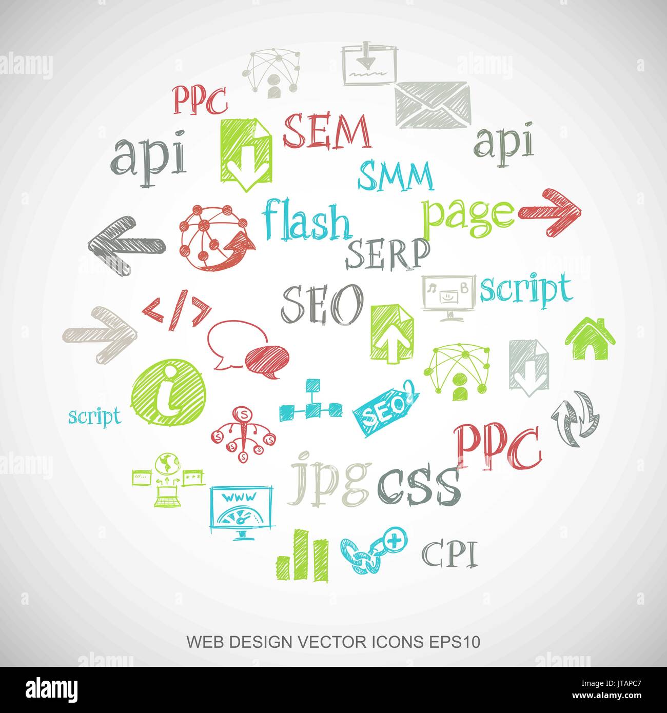 Multicolor doodles Hand Drawn Site Development Icons set on White. EPS10 vector illustration. Stock Vector