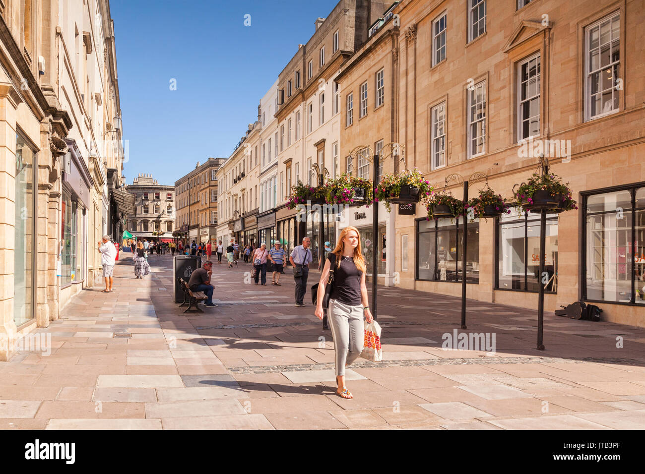 5 July 2017: Bath, Somerset, England, UK - Shopping in Union Street, in the city centre, on a beautiful summer day. Stock Photo