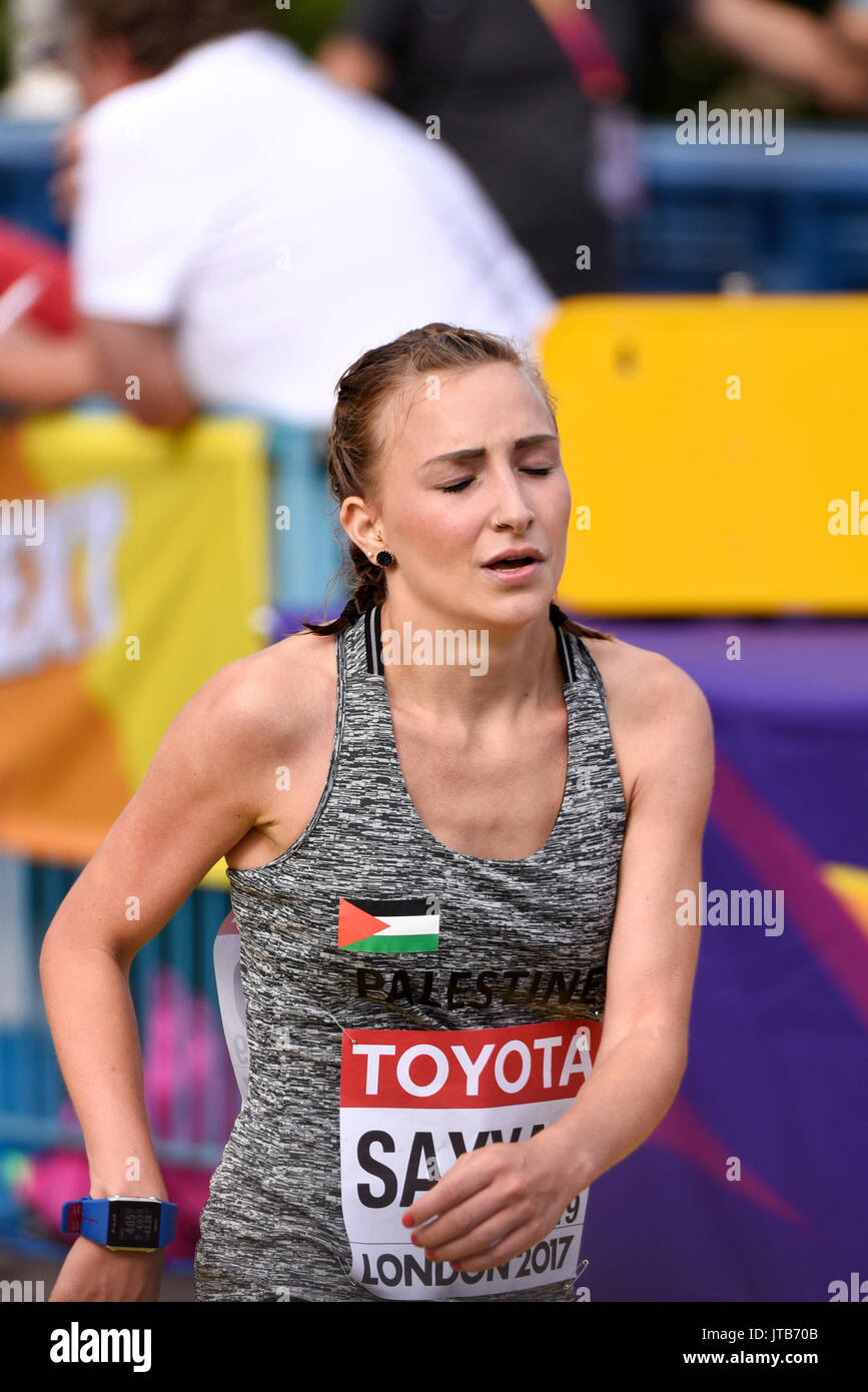 Mayada Sayyad of Palestine crossing the finish line at the end of the IAAF World Championships 2017 Marathon race in London, UK Stock Photo