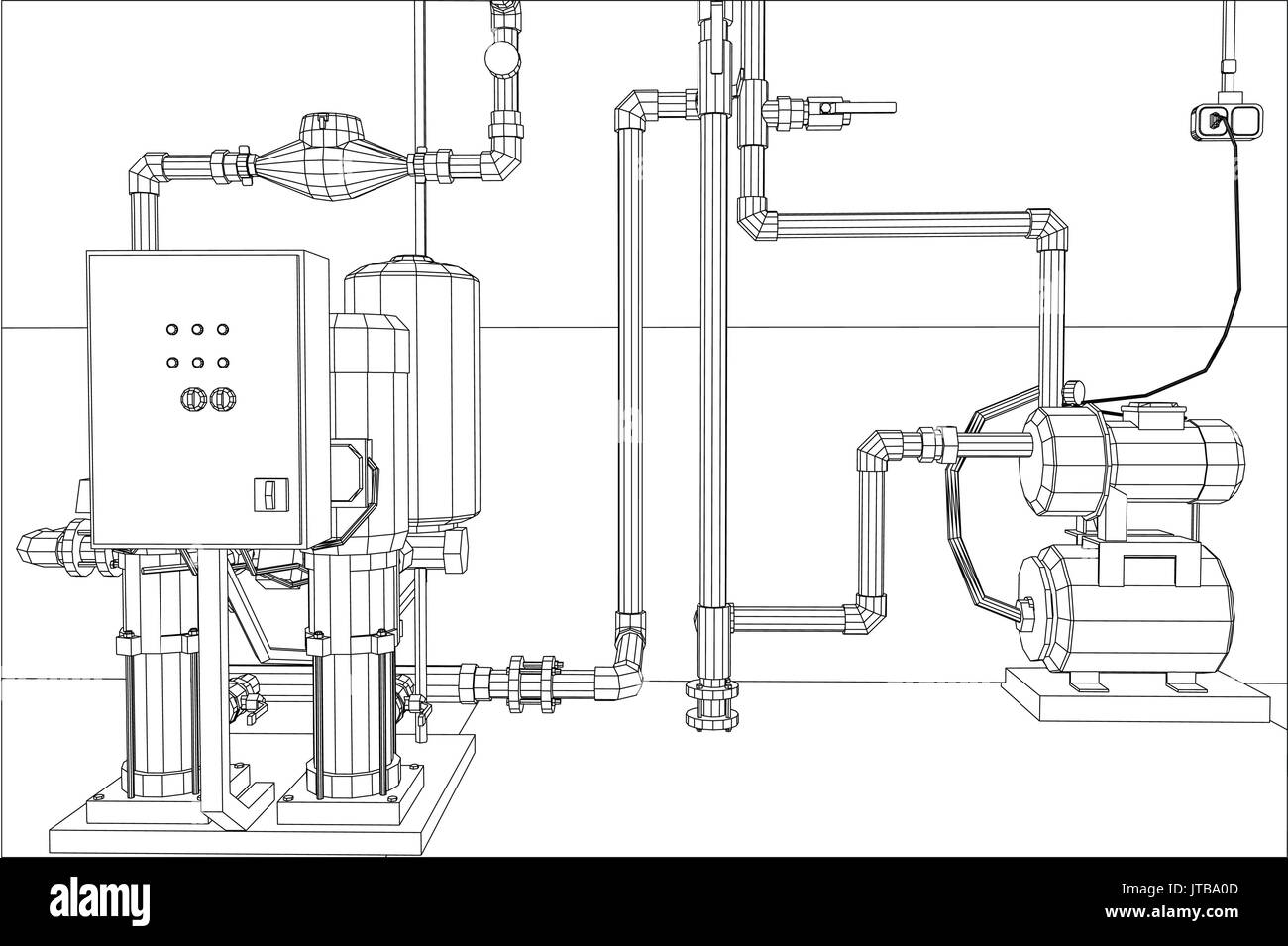 Water purification station. Industrial equipment. Tracing illustration of 3d Stock Vector