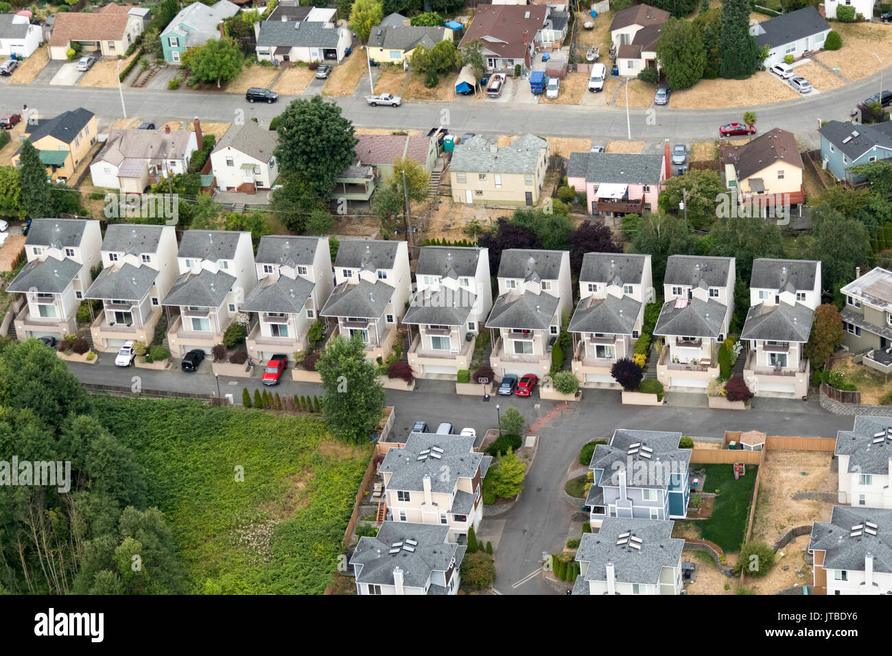 Aerial view of houses along 19th Pl S, Rainier Valley, Seattle, Washington State, USA Stock