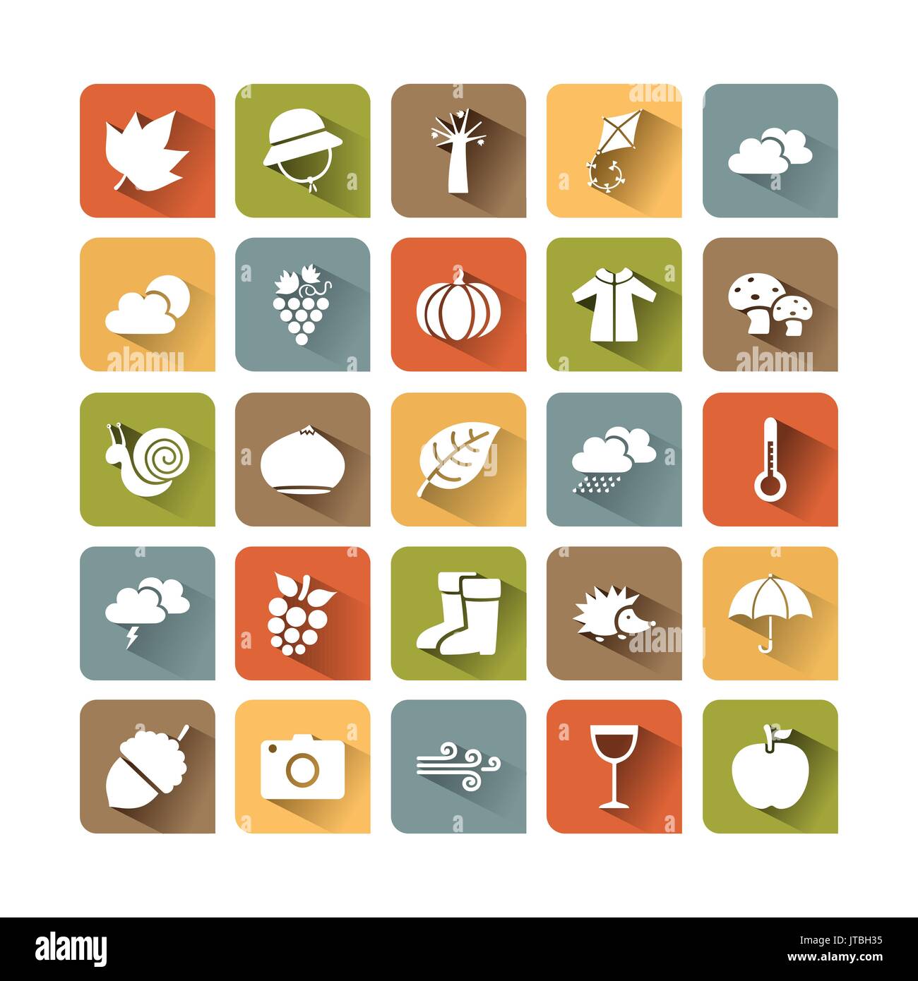 Autumn icon set on colored squares with shade Stock Vector