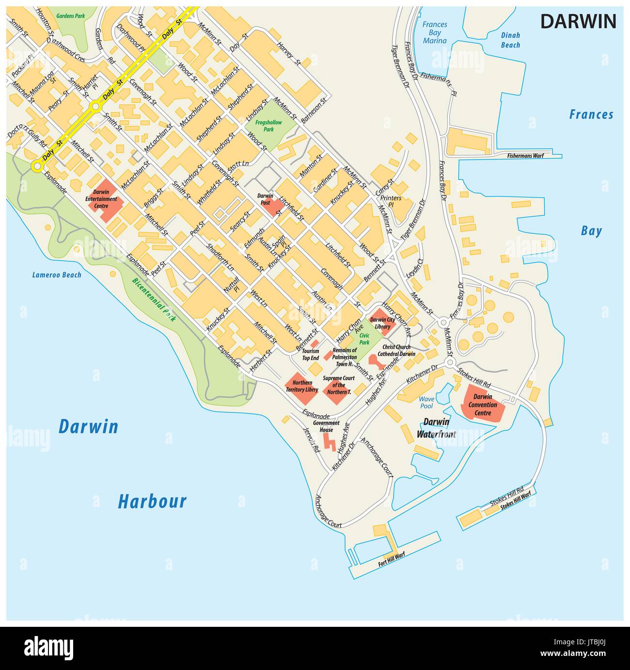 Street map of the city of Darwin, Northern Territory, Australia Stock Vector