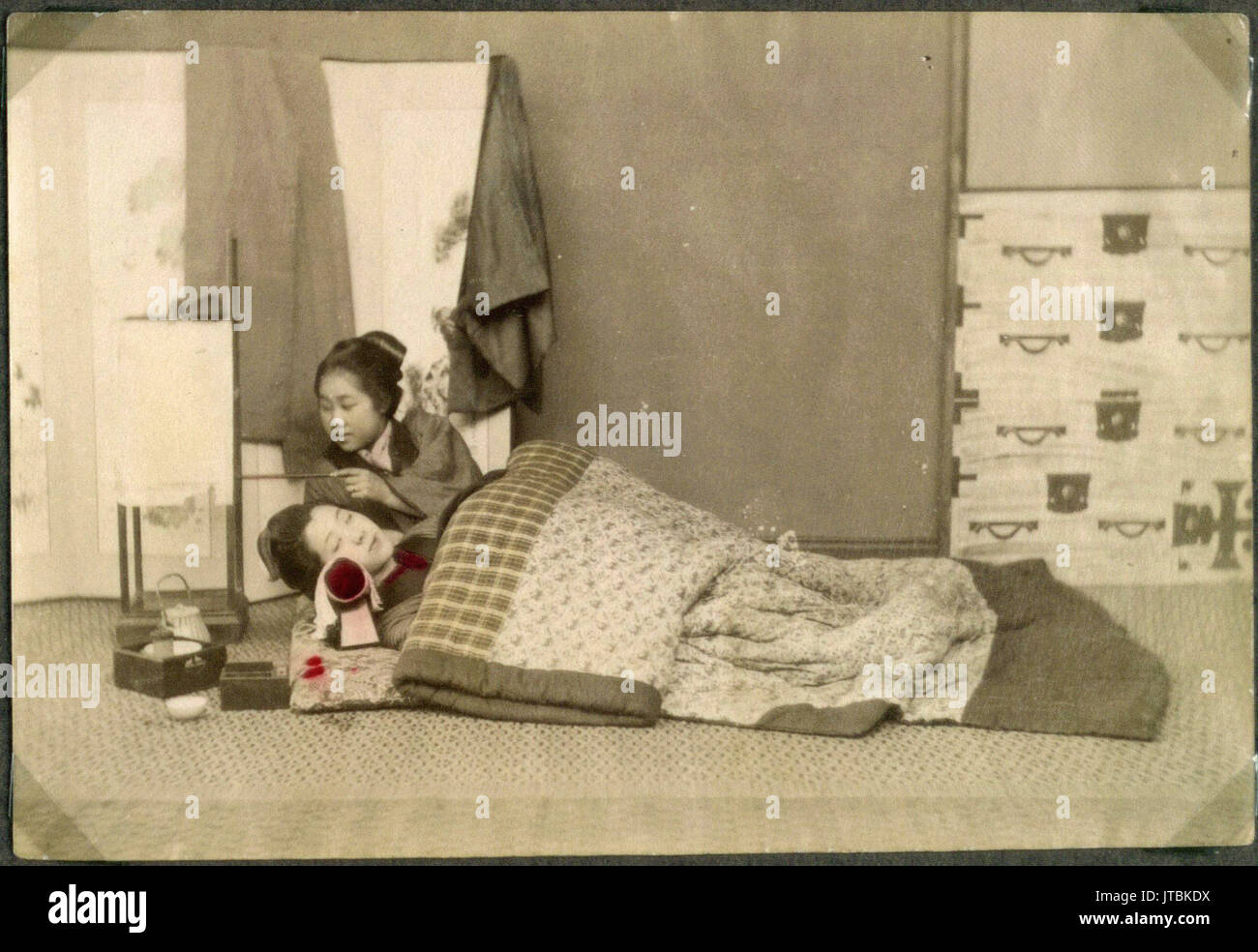 Makura u201dThe Wooden Pillow u201d Two women lying in the u201dbed u201d Japan Stock Photo Alamy