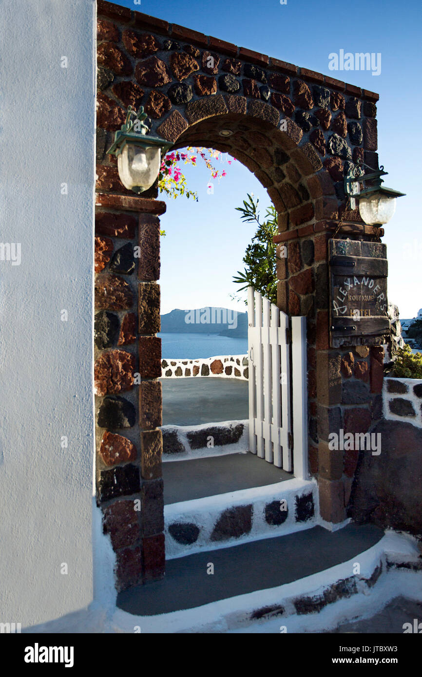 Oia or Ia is a small town and former community in the South Aegean on the islands of Thira and Therasia, in the Cyclades, Greece Stock Photo