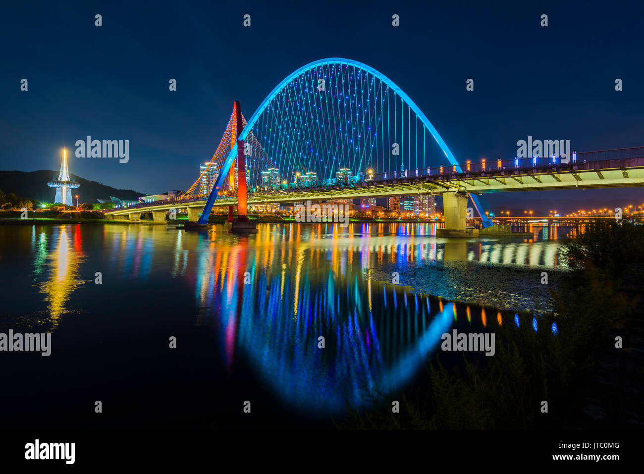 Colorful bridge and reflection Expo Bridge in Daejeon, South Korea. Stock Photo