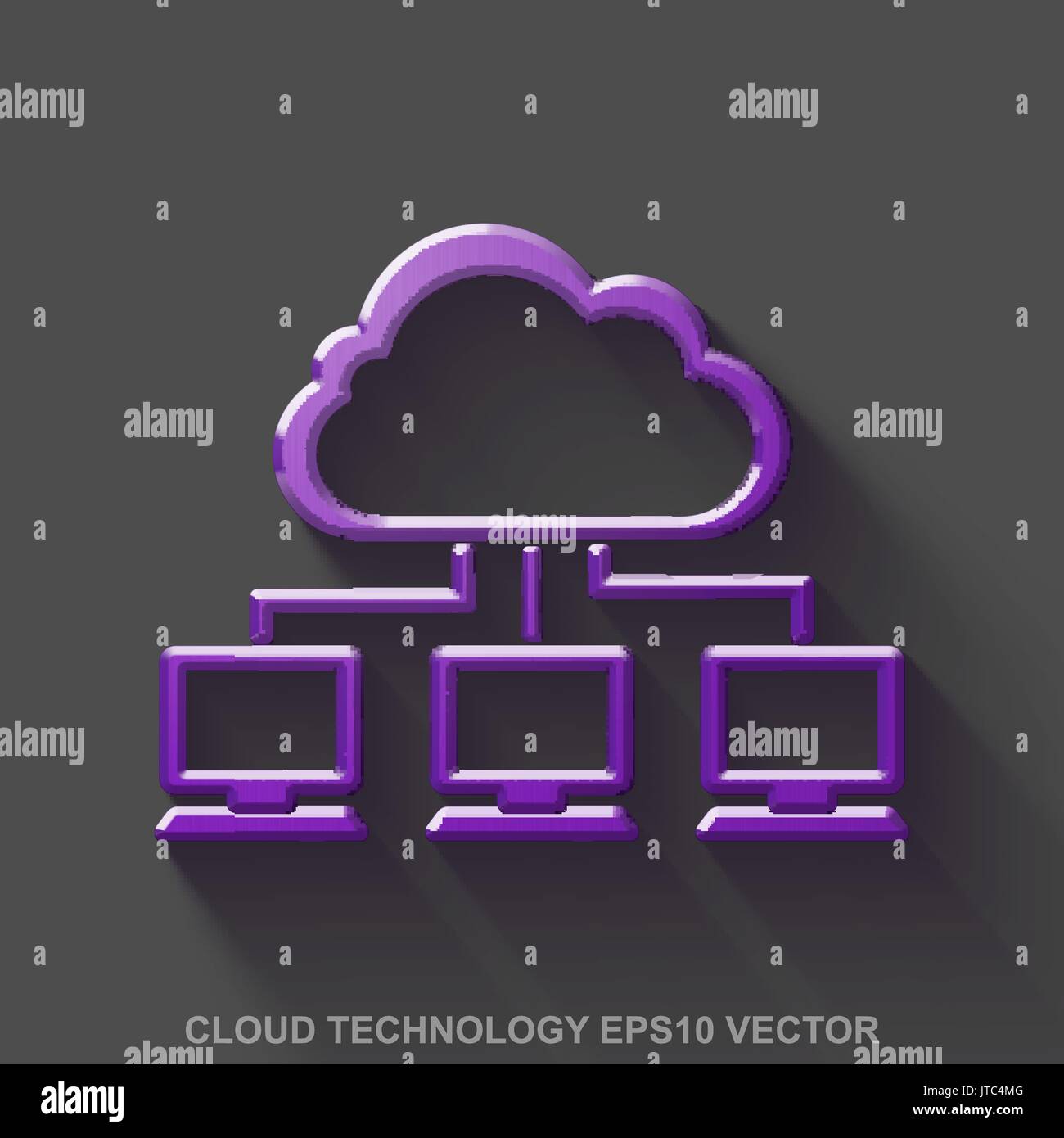 Flat metallic cloud computing 3D icon. Purple Glossy Metal Cloud Network on Gray background. EPS 10, vector. Stock Vector