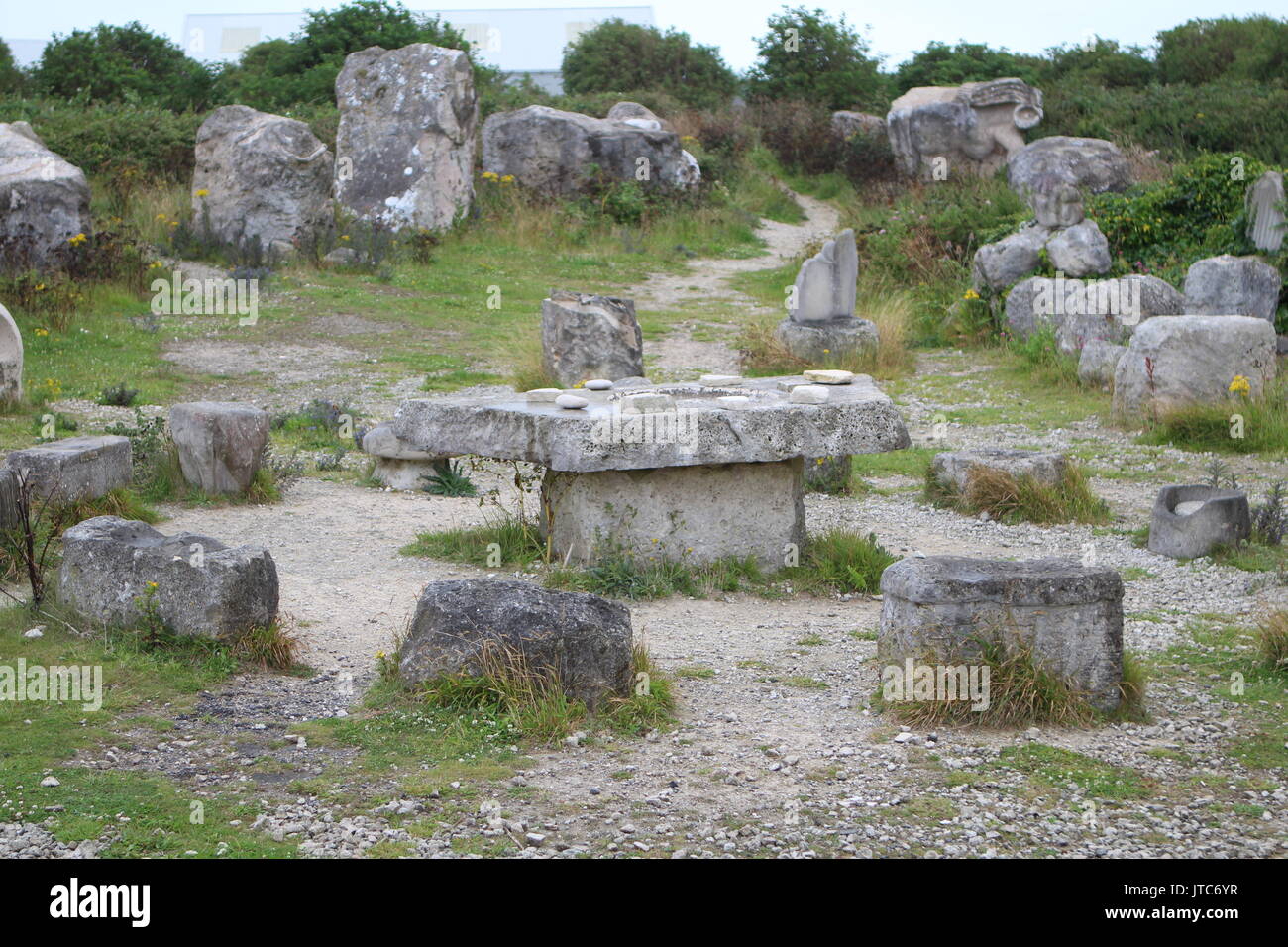 Sculptures at Portland Quarry, home to Portland limestone. Stock Photo