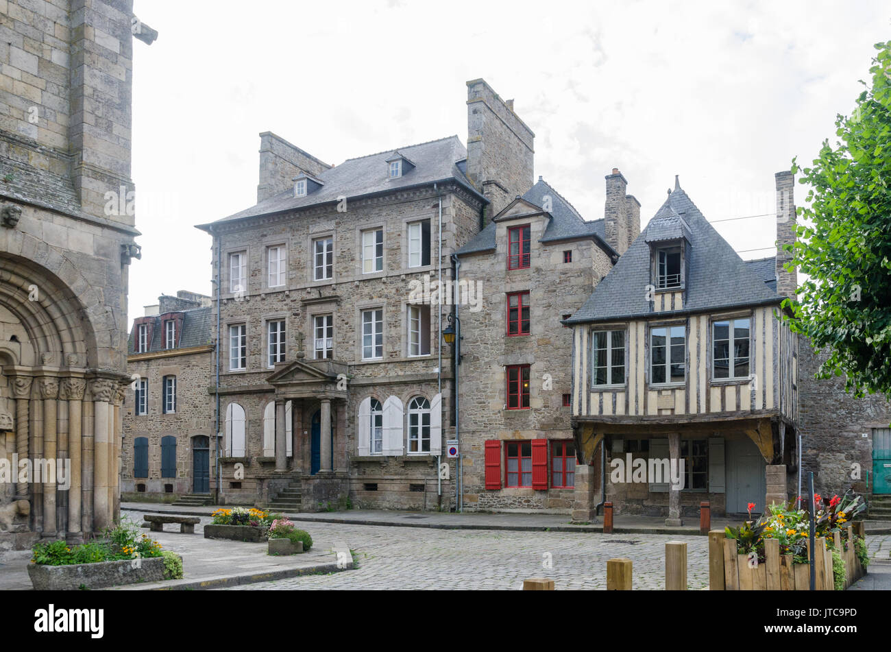 Old timber framed buildings in the historic walled town of Dinan in Brittany, France Stock Photo